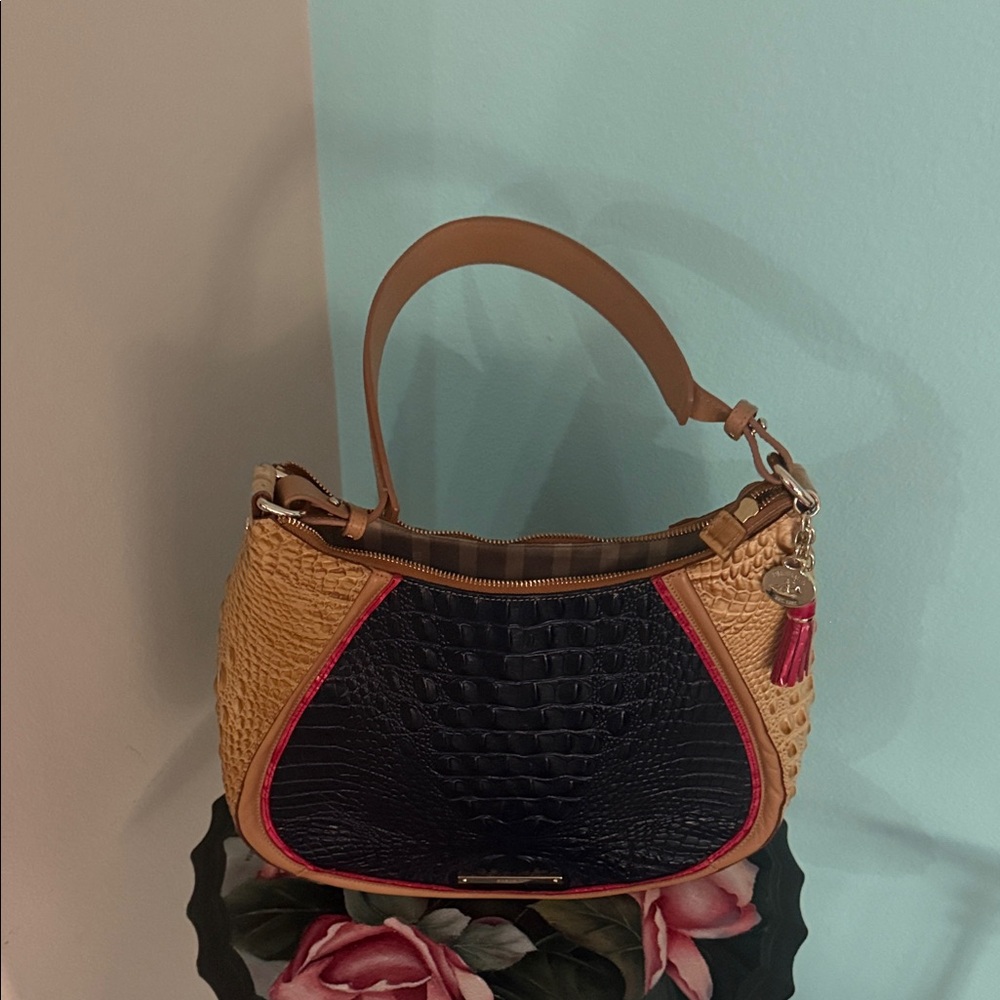 Brahmin Tan and Blue  Shoulder Bag with Pink Trim.